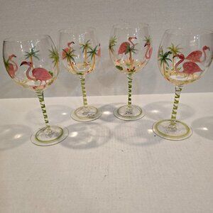 Hand-painted Flamingo and Palm Tree Crystal Balloon Wine Glasses Set of 4